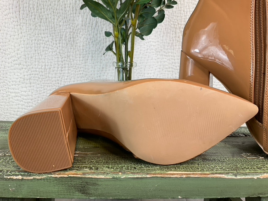 Liliana Caramel Patent Leather Boots, Size 8.5
