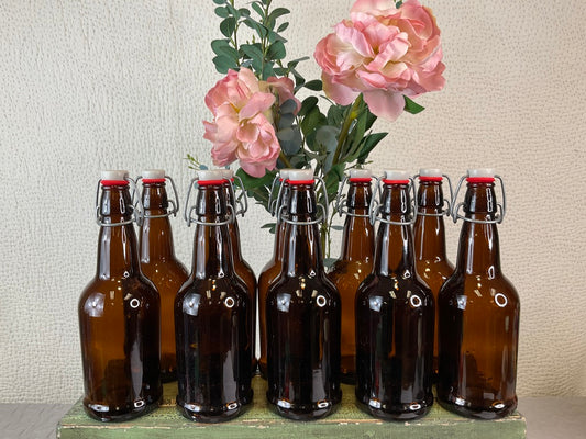 Vintage EZ Cap Amber Glass Beer Bottles, 10 pack