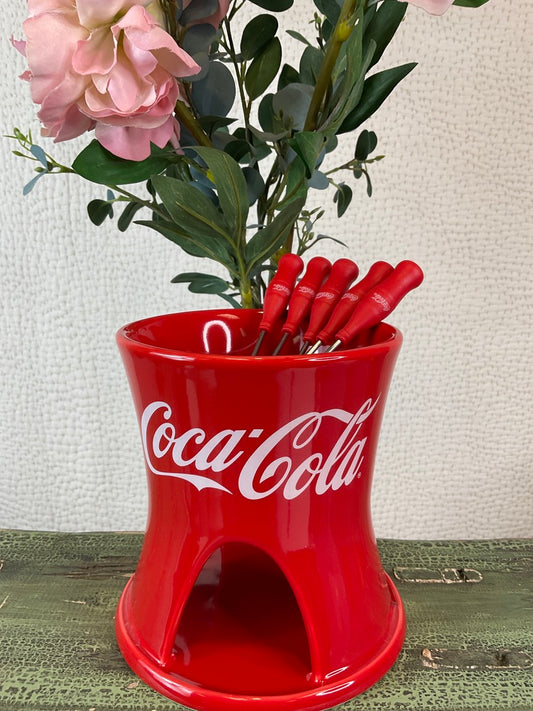 Coca-Cola Fondue Pot with 6 Red Coke Bottle Cheese Forks