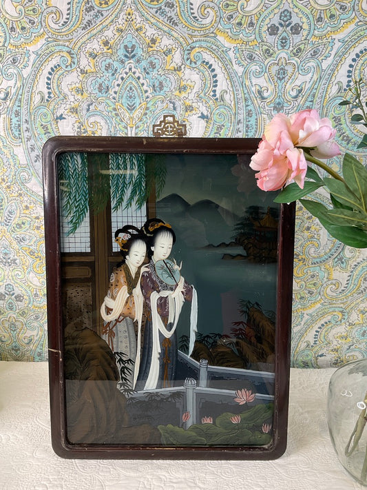 Chinese Behind The Glass (Reverse) Geisha Women, Wood Frame