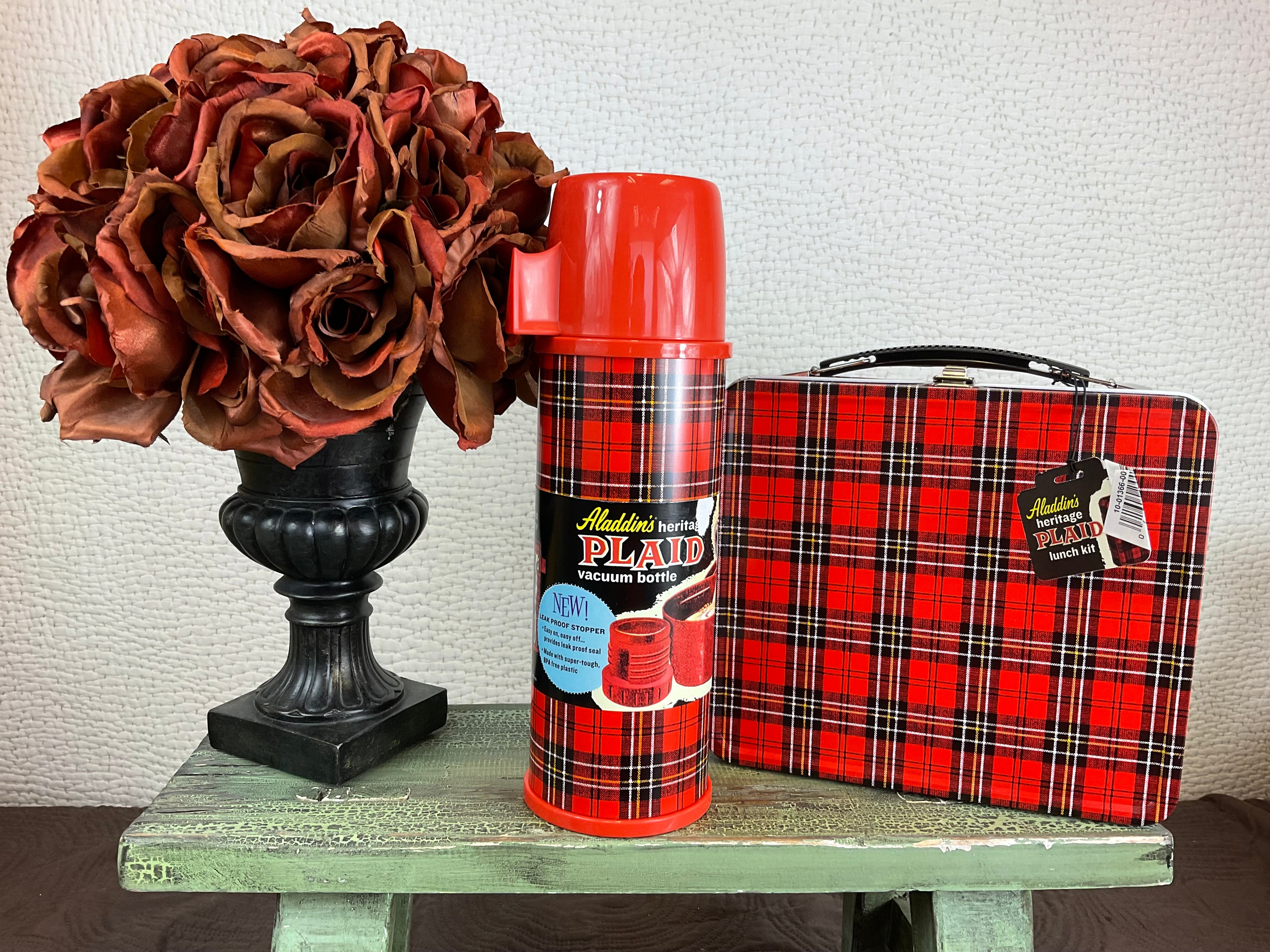 Vintage Aladdin's Red and Black Fading Plaid Quart Size Vacuum