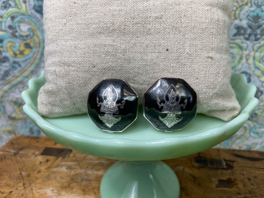 Retro Black Octagon Sterling Silver Clip on Earrings