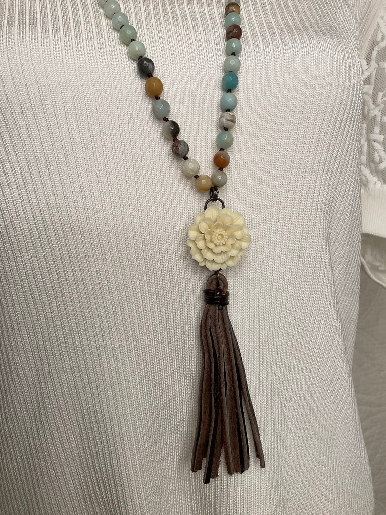 Multicolored Stone Tassel Necklace, 31"
