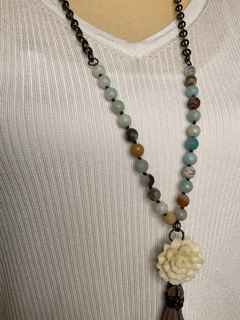 Multicolored Stone Tassel Necklace, 31"