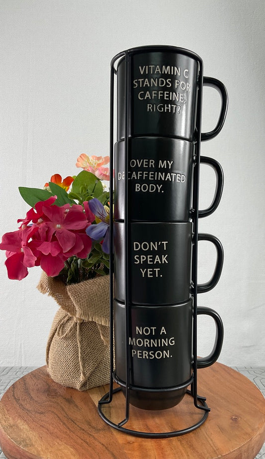 Set of 4 Stacked Get the Message Black Mugs, 14oz