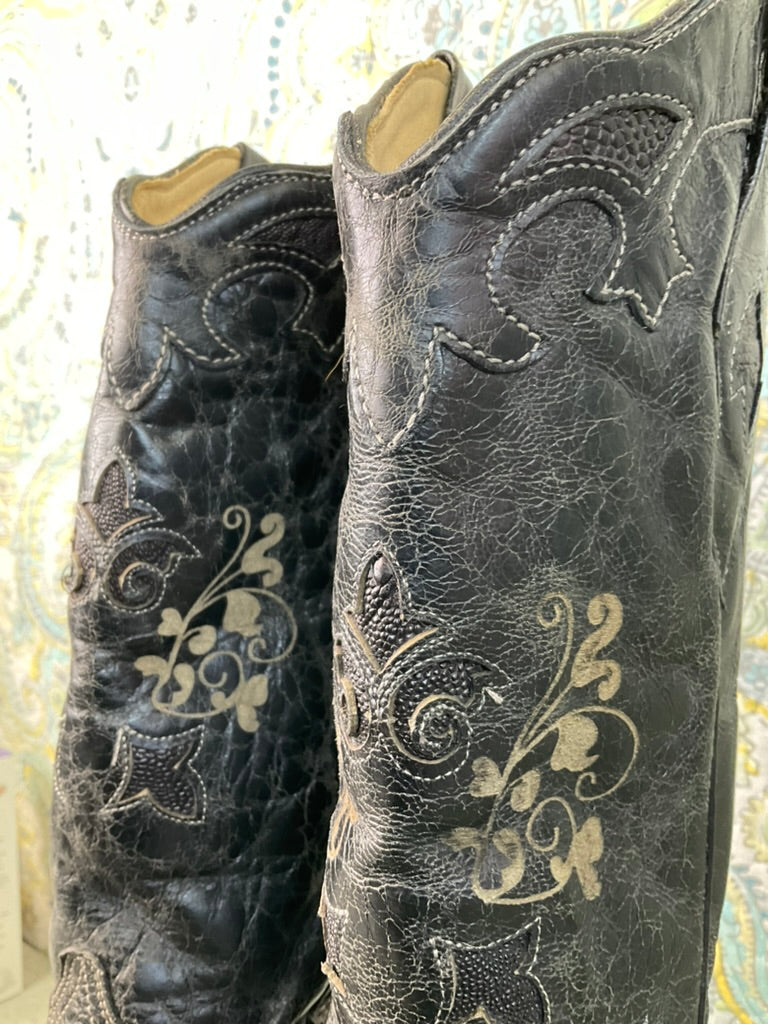 Corral Vintage Black Leather Distressed Western Boots, Woman 8.5