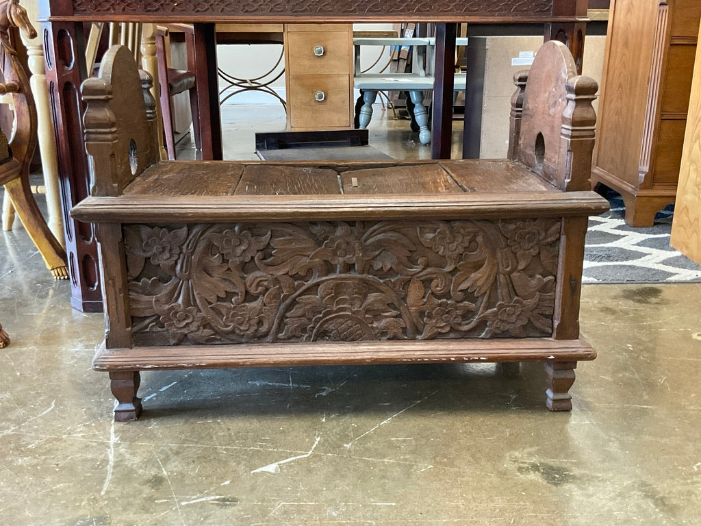 Antique Wood Carved Bench, Top Double Door, **AT OUR 1ST STREET LOCATION**