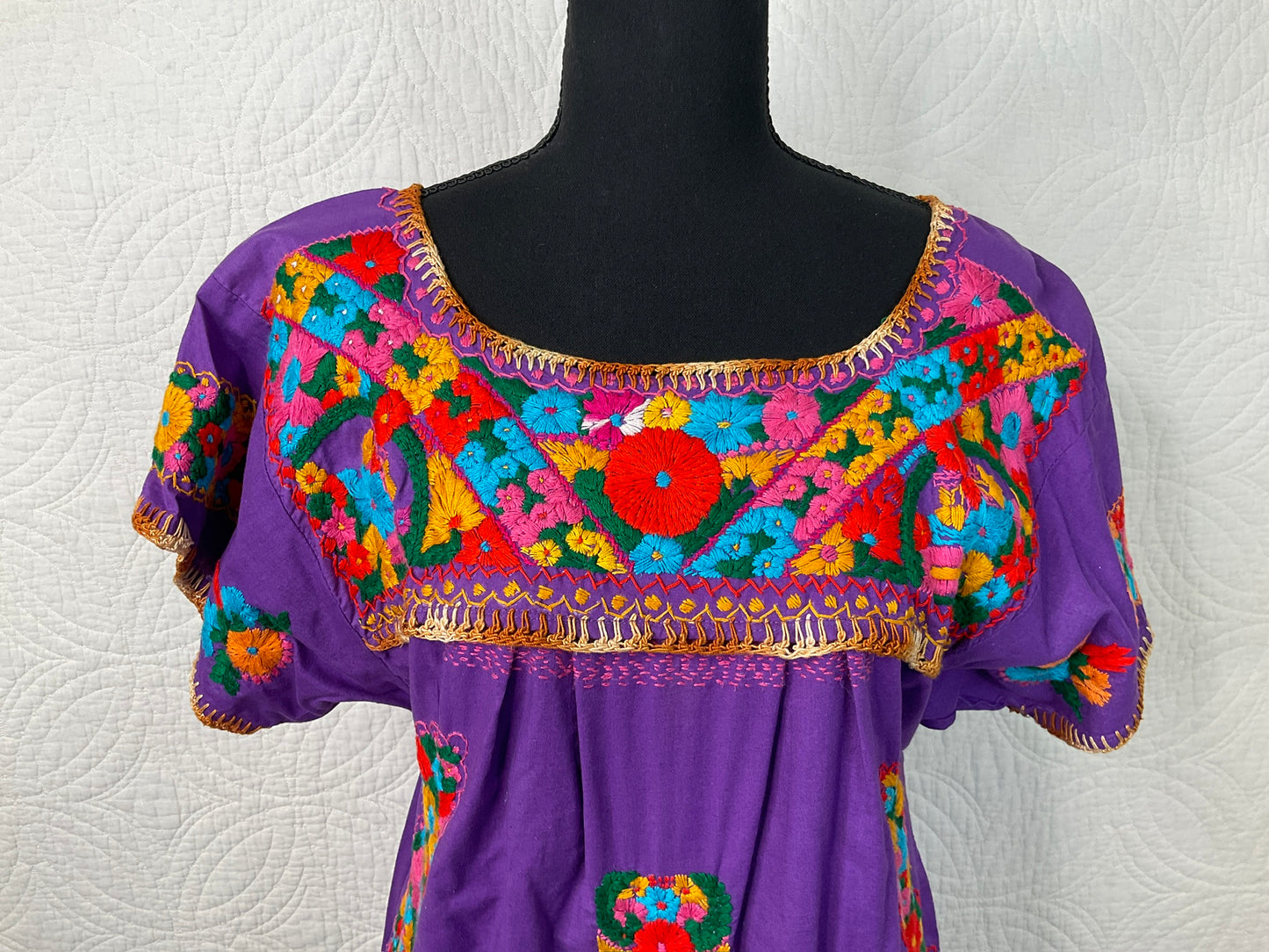 Traditional Mexican Embroidered Dress, Purple S/M