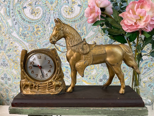 Vintage Spelter White Metal Horse Clock, Working Clock