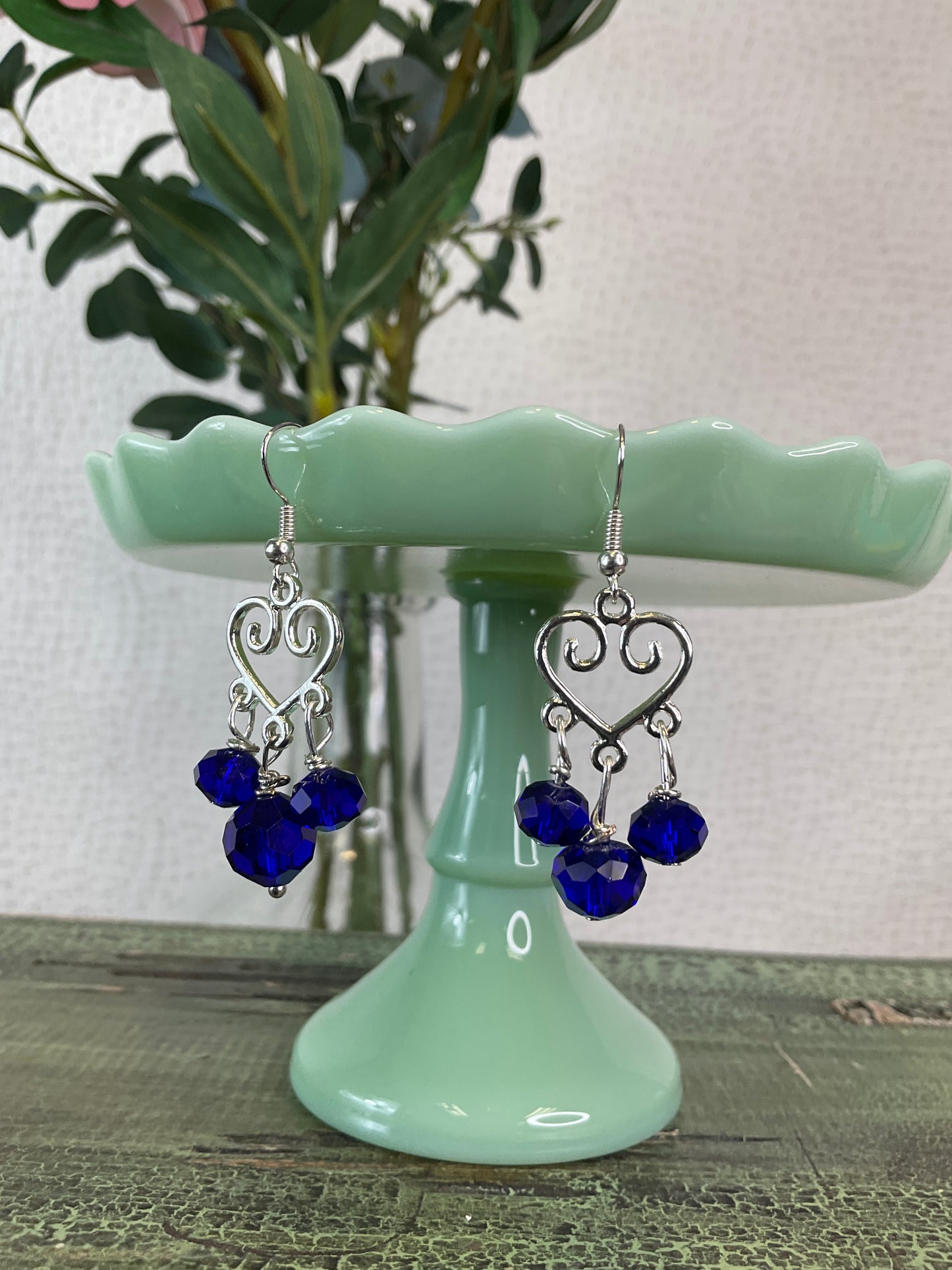 Scrolled Heart Droplet Earrings with Blue Beads