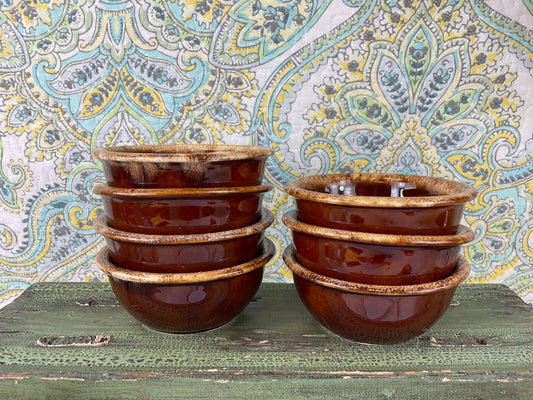 Vintage Hull Pottery Brown Drip Oven Proof Bowls Set, 7 pc