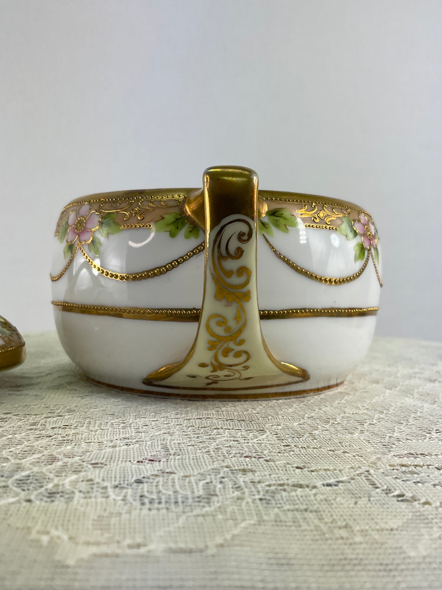 Vintage Hand Painted Nippon Double Handled Sugar Bowl, Floral