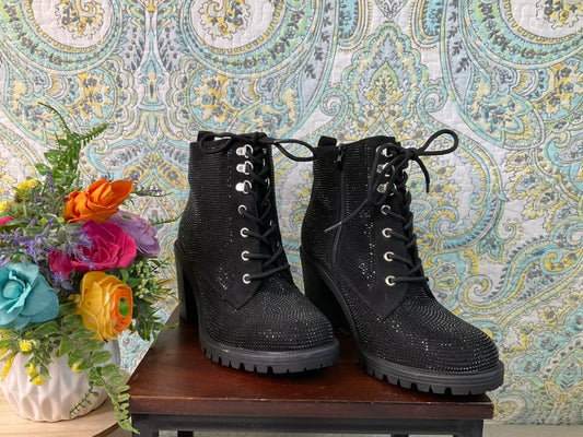 Torrid Black Allover Embellished Hiker Boot, Size 9.5 WW