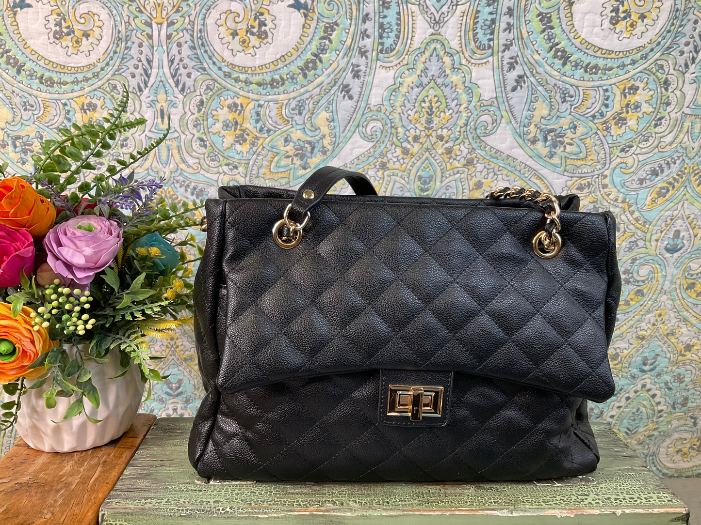 Faux Leather Quilted Tote Bag