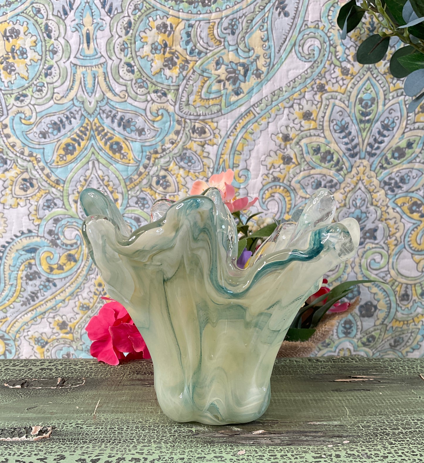 Murano Style Ruffled Top Hand-Blown Vintage Art Glass Vase