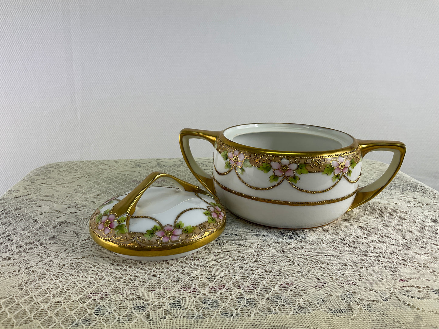Vintage Hand Painted Nippon Double Handled Sugar Bowl, Floral