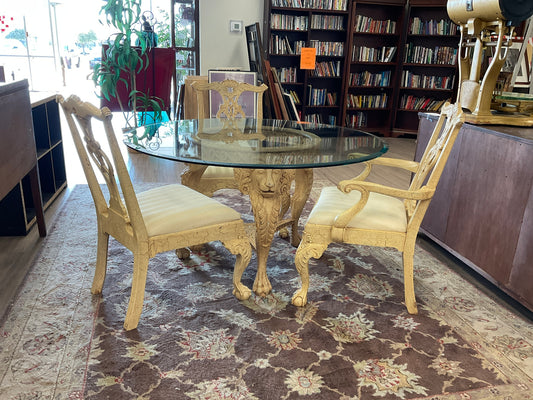 Glass Table With 3 Chairs, Ornate Lion Base