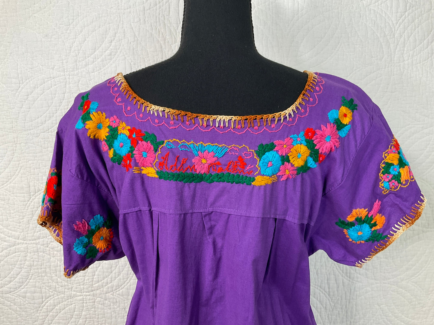 Traditional Mexican Embroidered Dress, Purple S/M