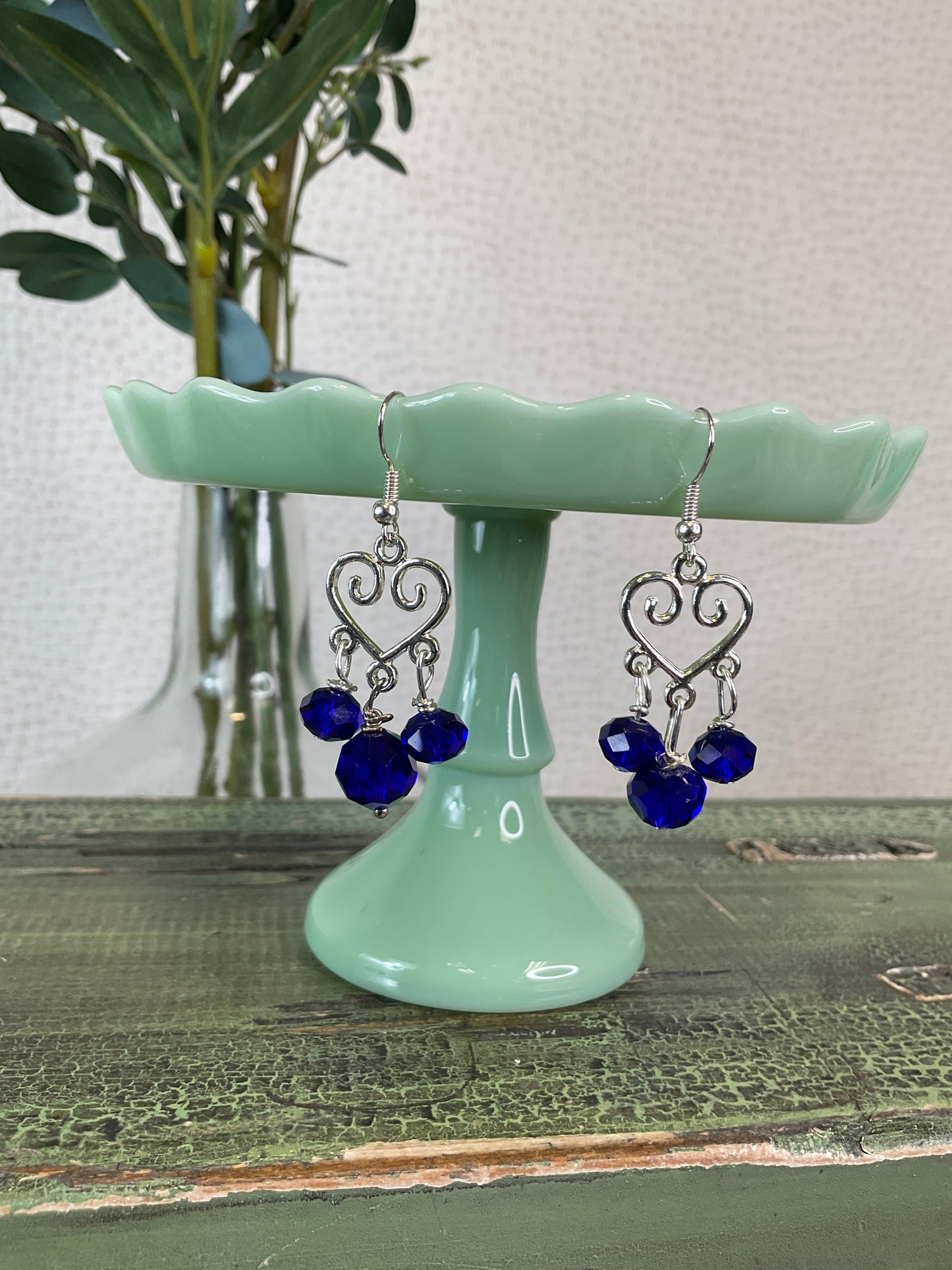 Scrolled Heart Droplet Earrings with Blue Beads