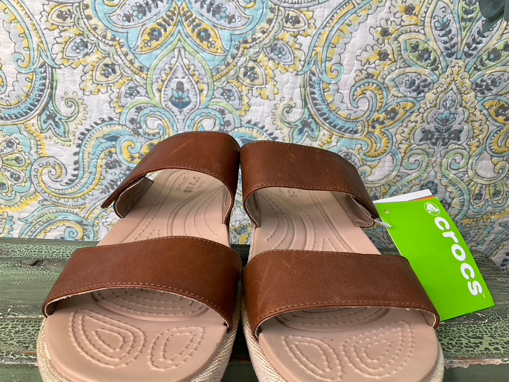Crocs Brown Hazelnut & Chai A-Leigh 2 Strap Mini Wedge Sandals, Womens 11