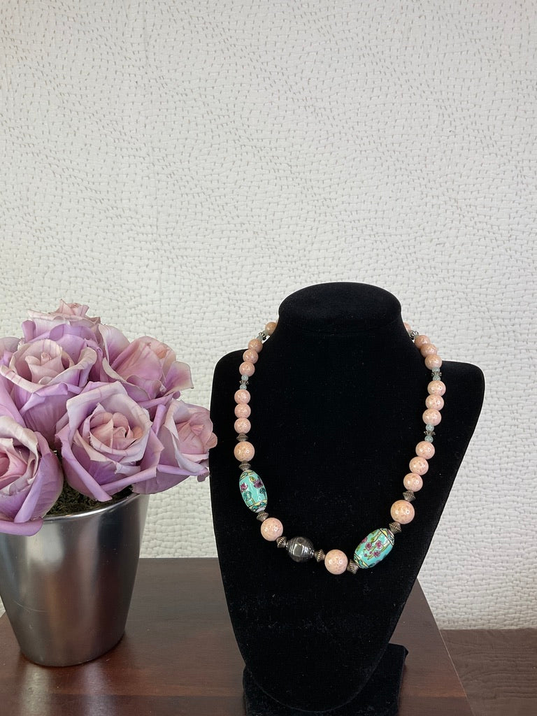 Vintage Pink Floral Bead Necklace, 17"