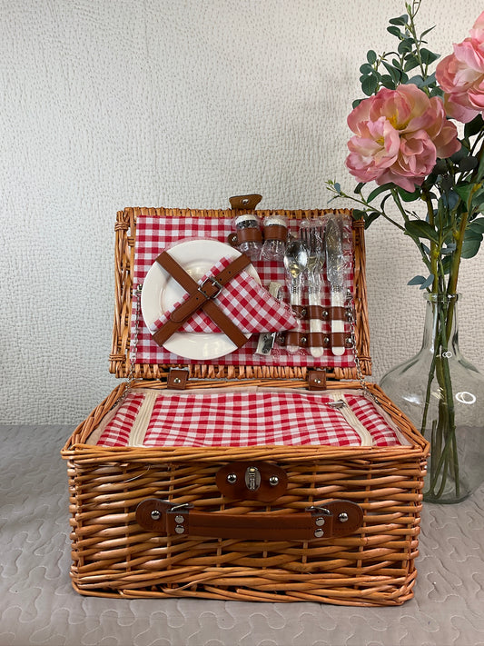 Classic Red Checkered Picnic Basket for 2