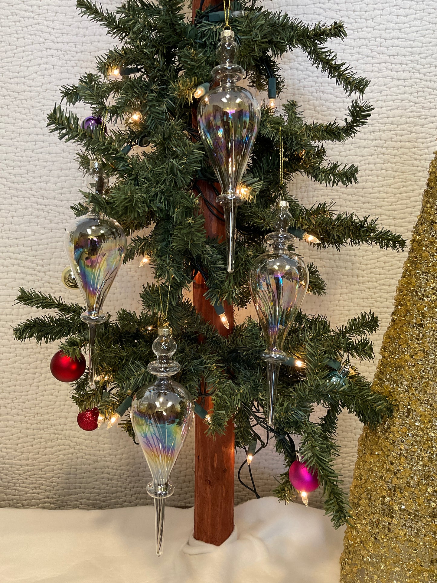 Iridescent Hand Blown Ornaments With Peacock Feather, 4 Pc