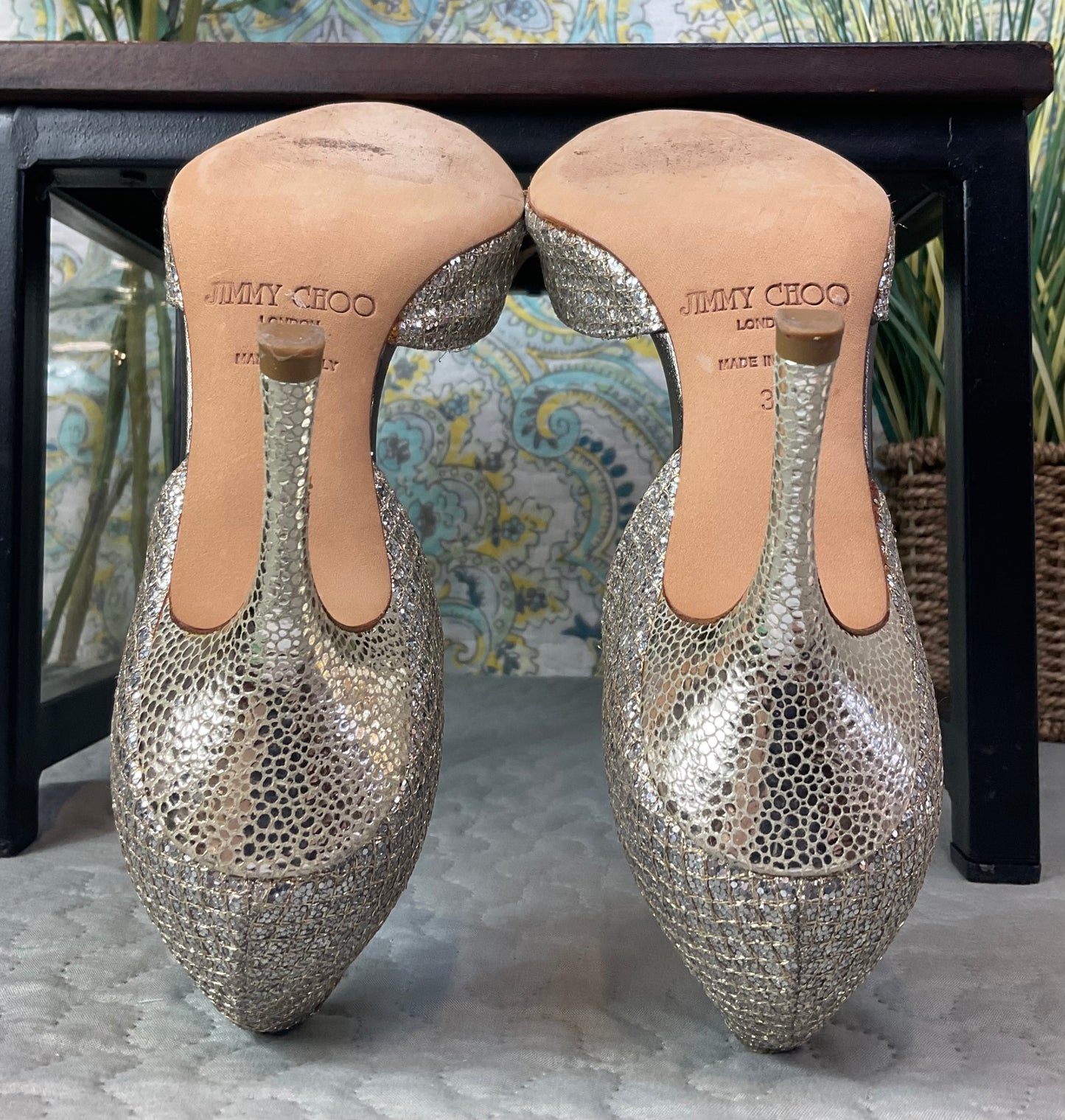 Jimmy Choo London Peep Toe Glittery Gold Heels, Euro Size 35