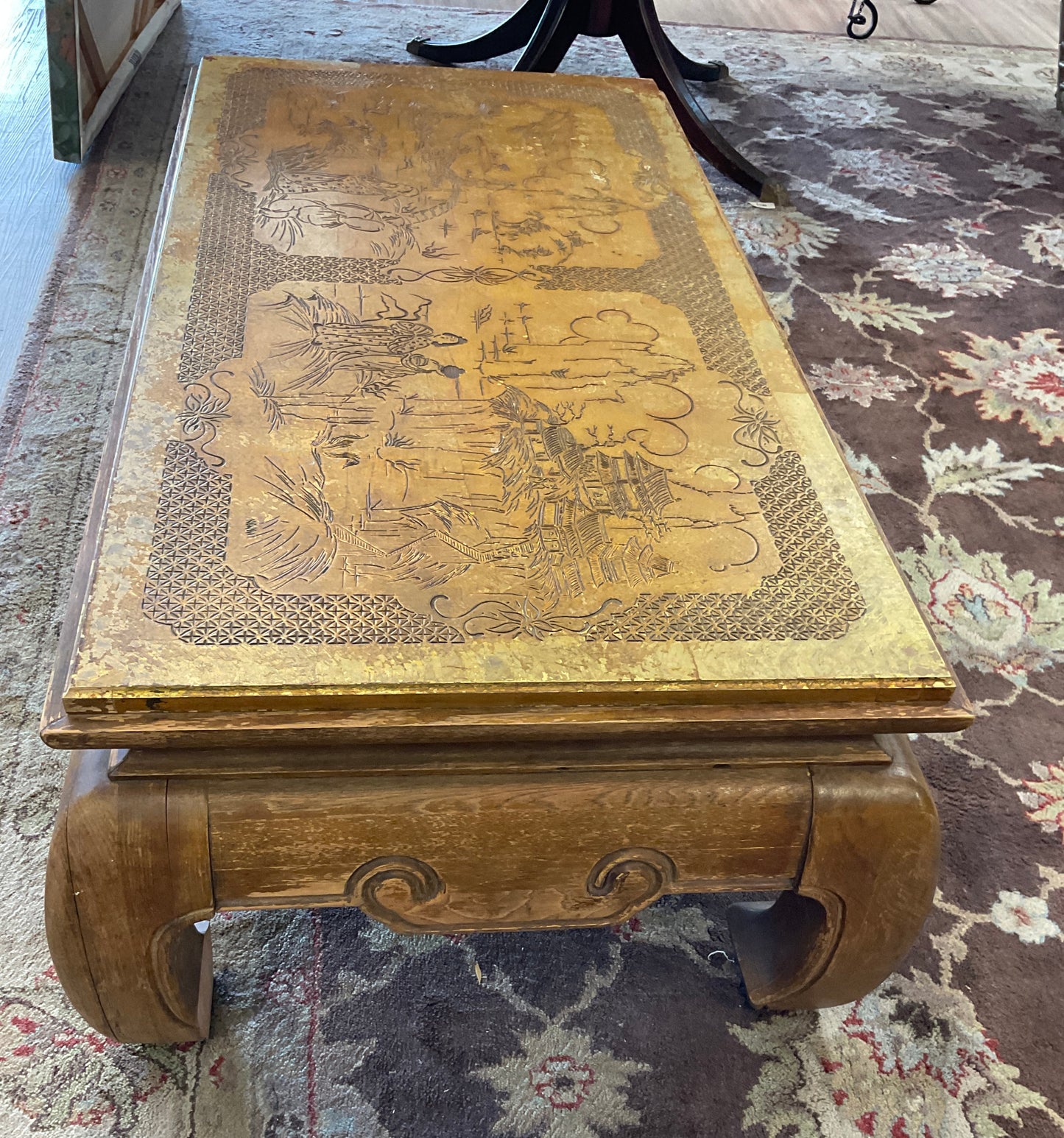 Oriental Wooden Coffee Table W/ Gold Engraving