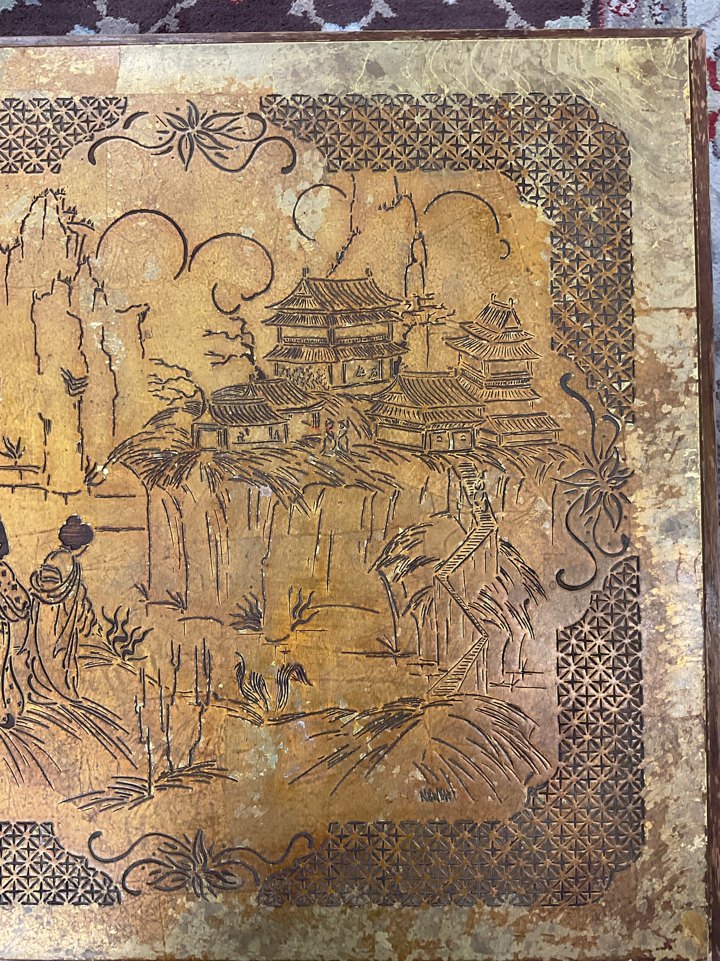 Oriental Wooden Coffee Table W/ Gold Engraving