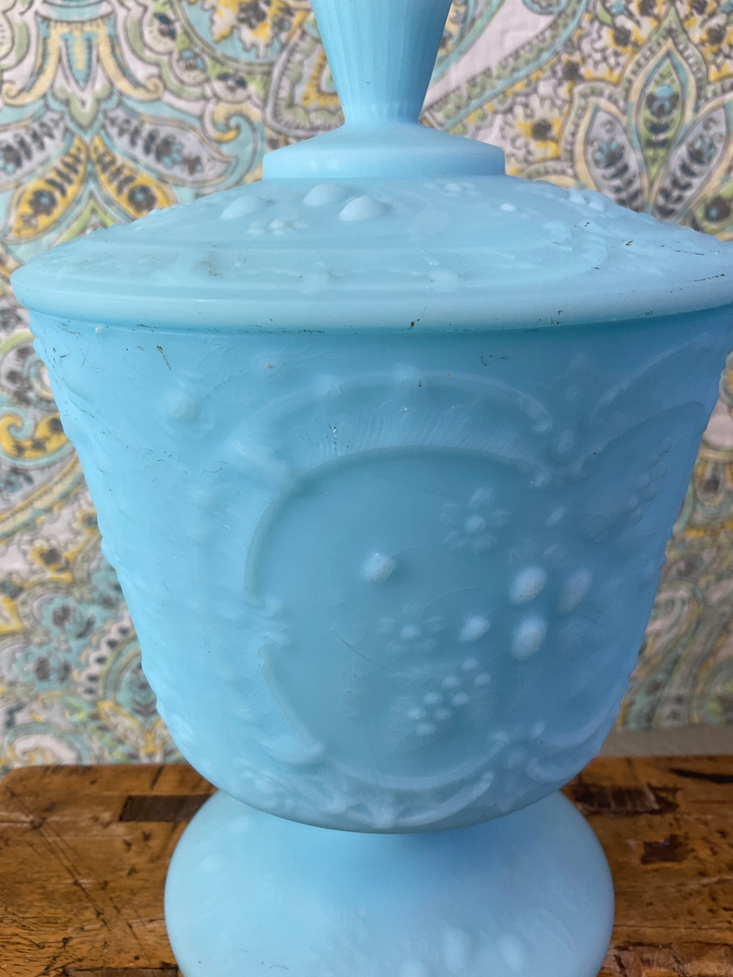 Fenton Frosted Blue  Footed Compote Bowl w/ Pedestal & Lid
